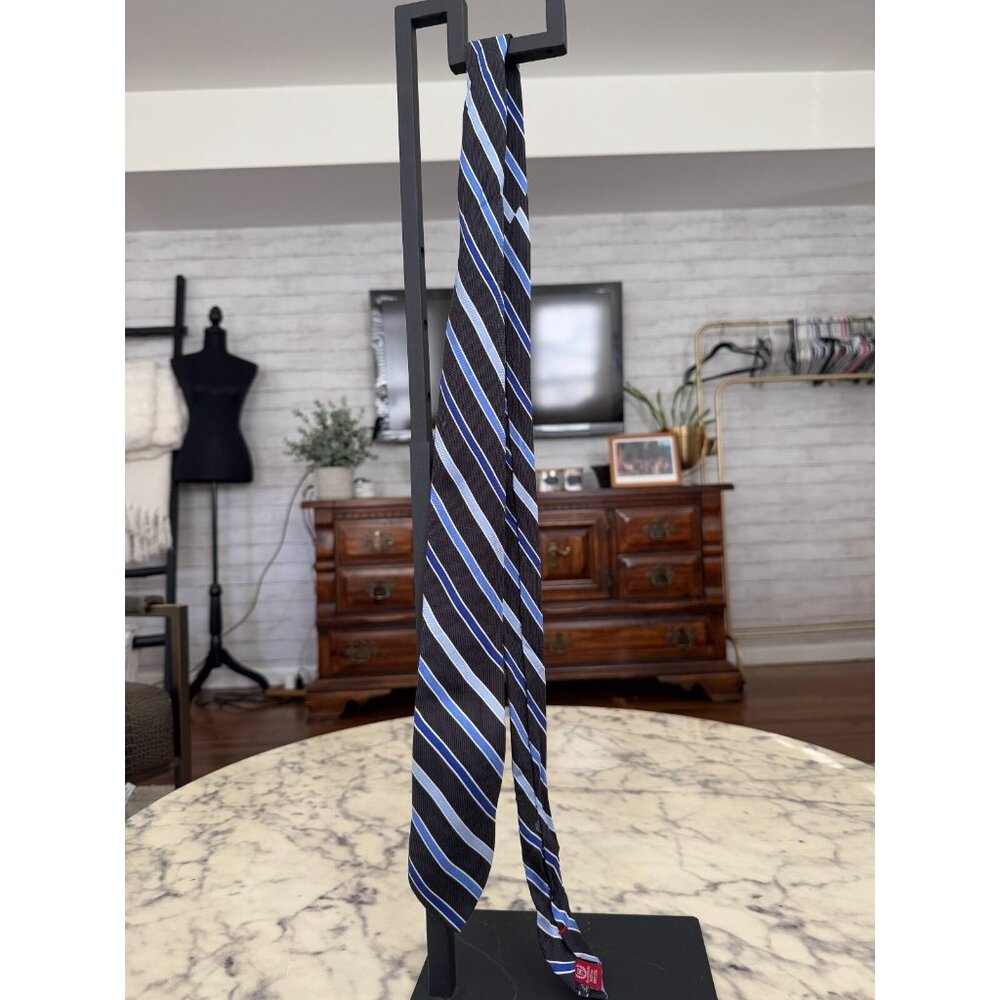 CHAPS RALPH LAUREN REPP Tie Black With Blue Stripe 100%‎ Silk Mens Size 50 in